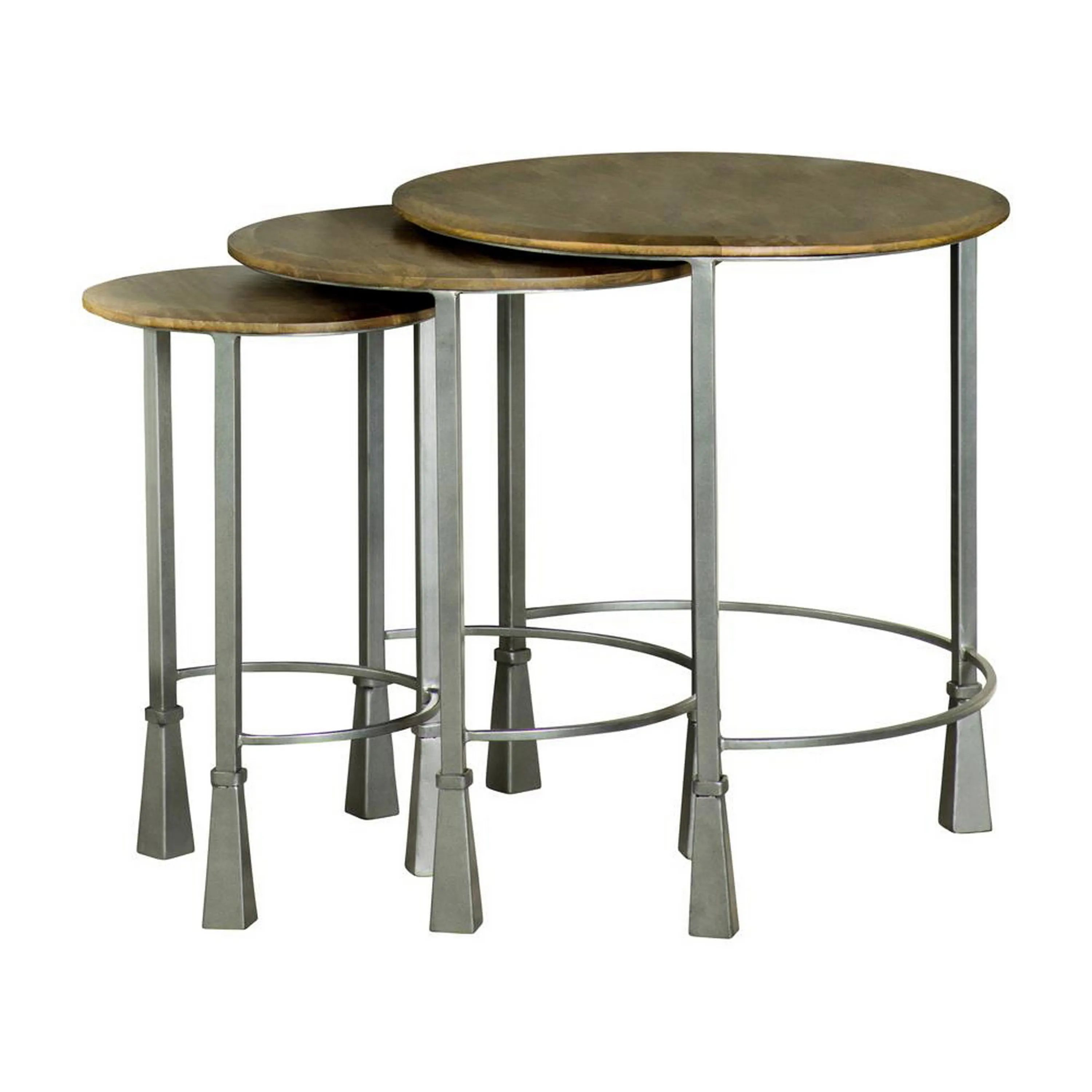 3 Piece Round Nesting End Table Set, Sleek Gray Iron Legs, Mango Brown Wood - Benzara