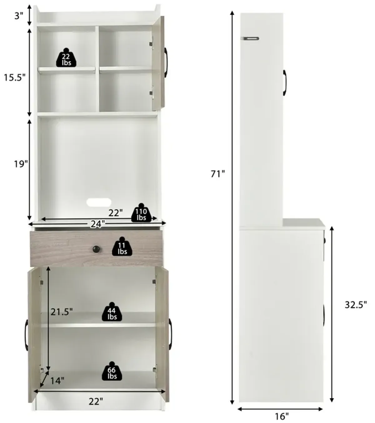 3-Door 71 Inch Kitchen Buffet Pantry Storage Cabinet with Hutch and Adjustable Shelf