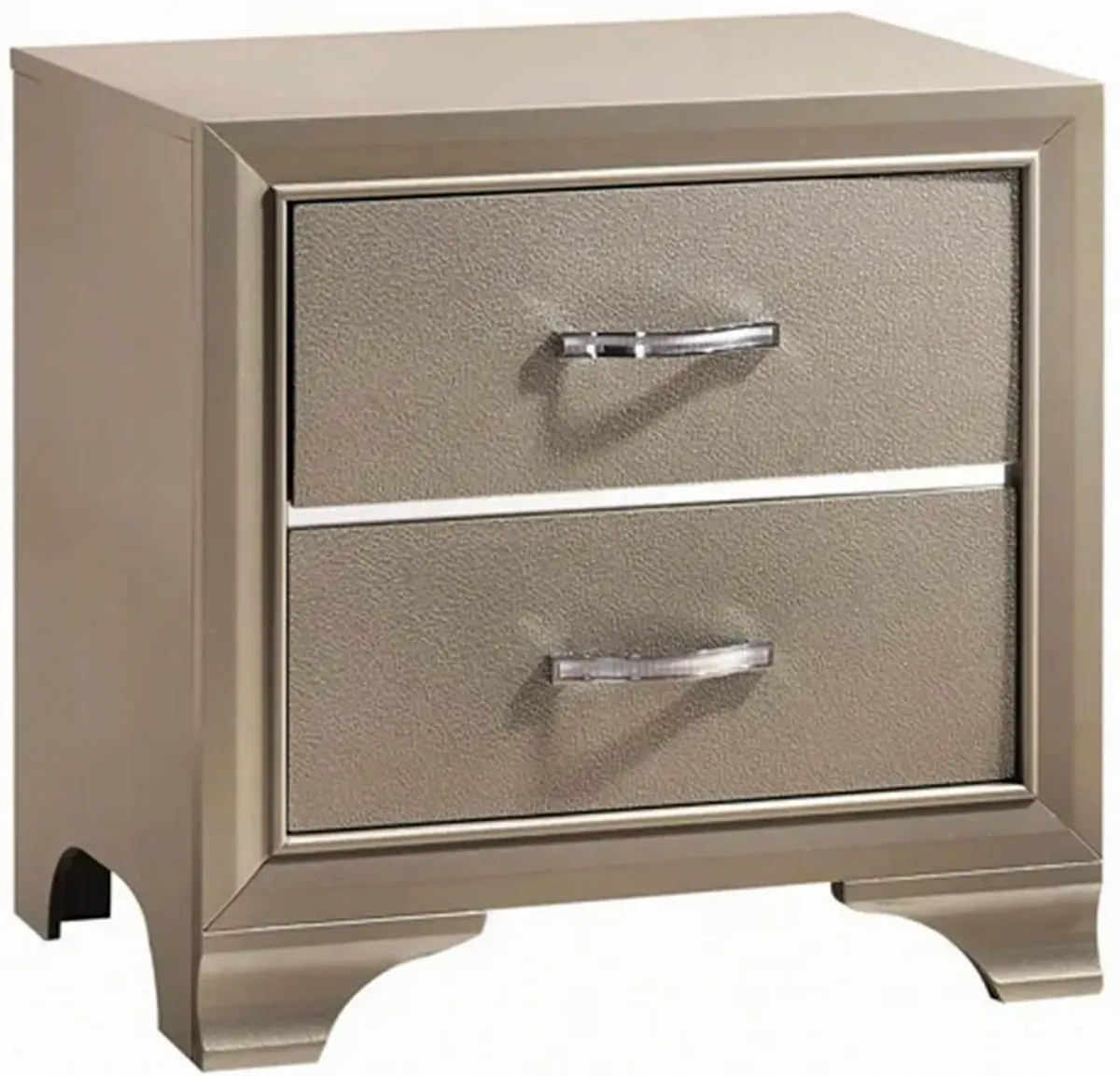 Contemporary Nightstand, 2 Drawers, Chrome Metal Pulls, Champagne Gold-Benzara