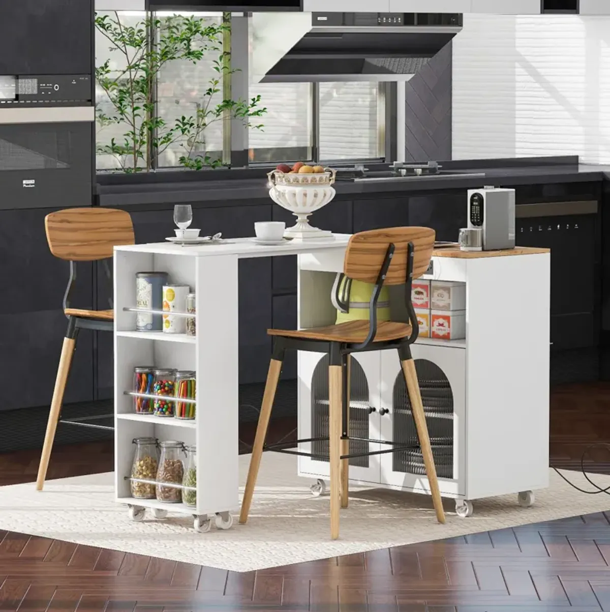 Rolling Kitchen Island with LED Lights and Storage