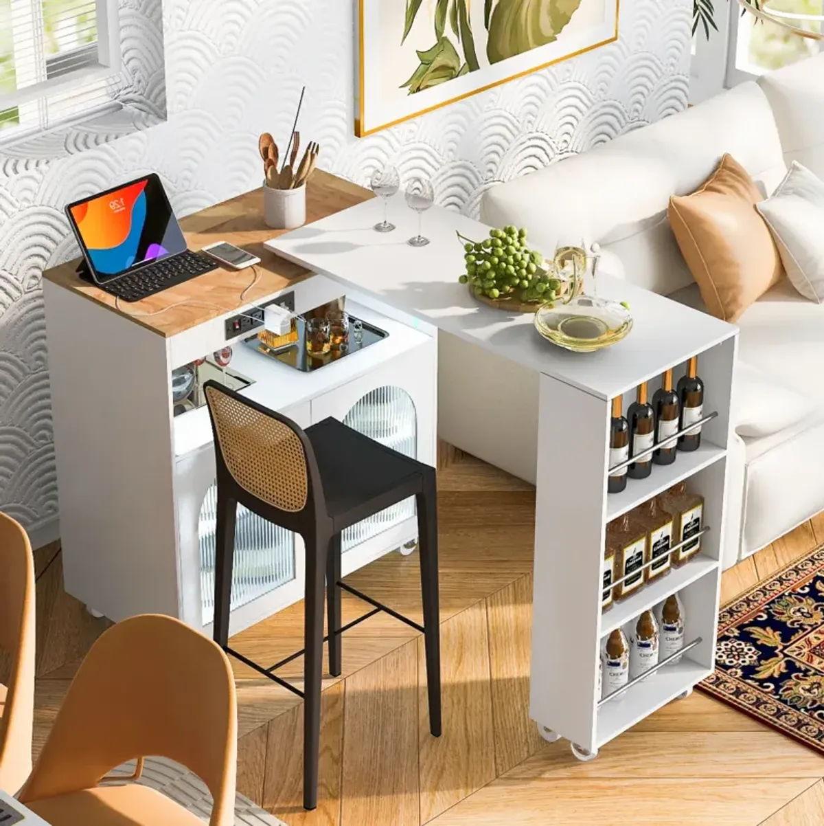 Rolling Kitchen Island with LED Lights and Storage