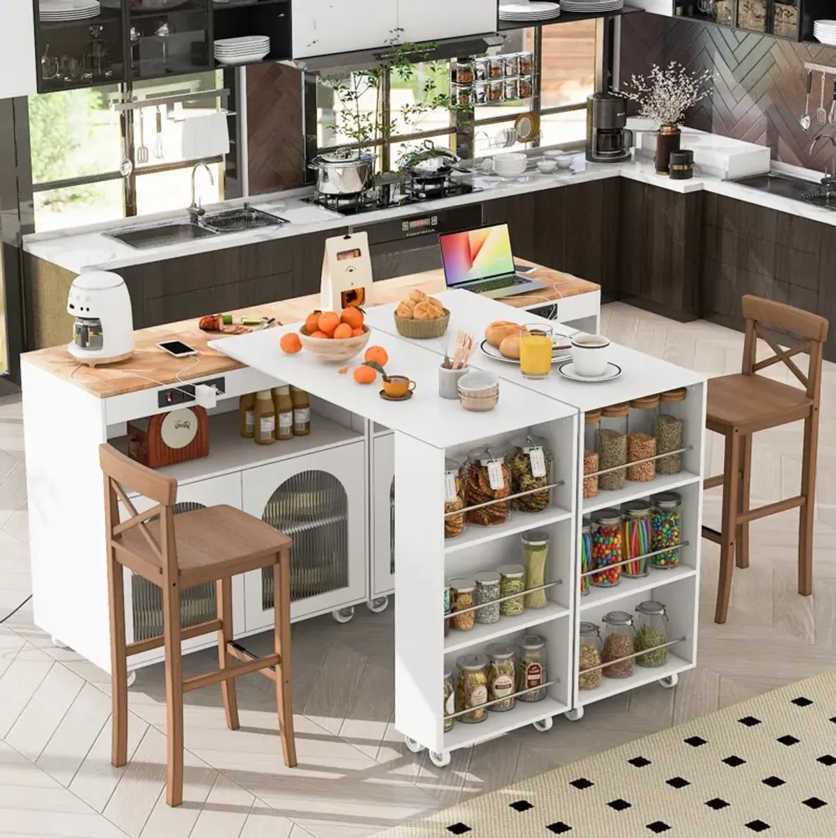 Streamdale Rolling Kitchen Island with LED Lights and Storage