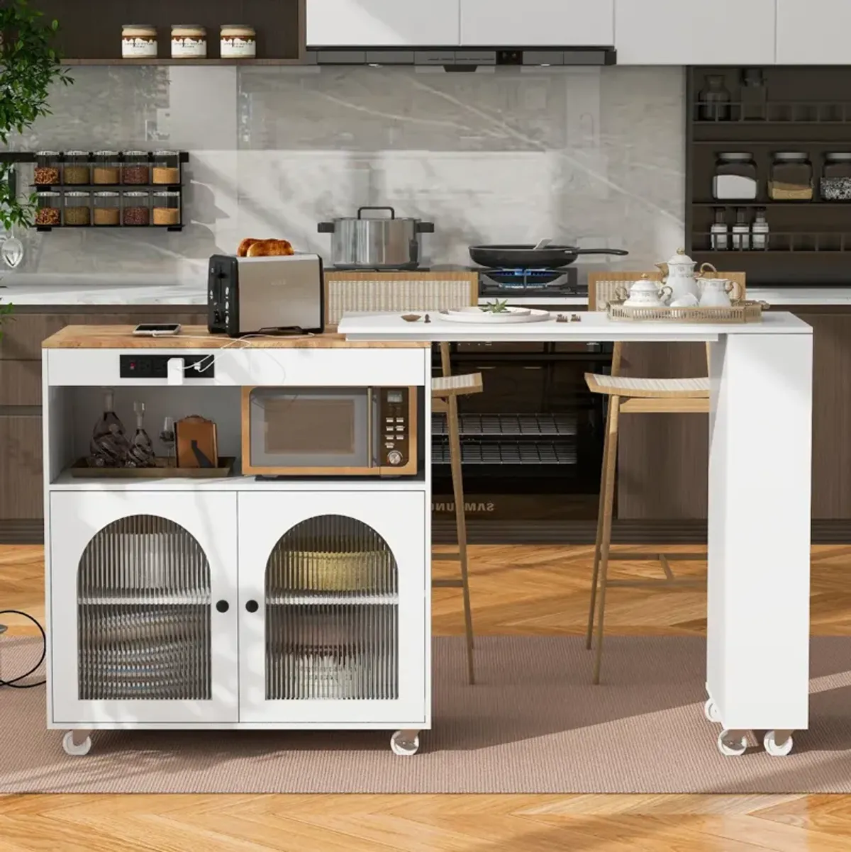 Rolling Kitchen Island with LED Lights and Storage