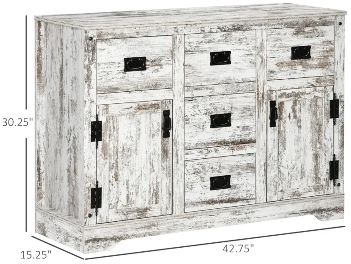 White Kitchen Buffet: Sideboard with 5 Drawers, 2 Doors & Adjustable Shelf