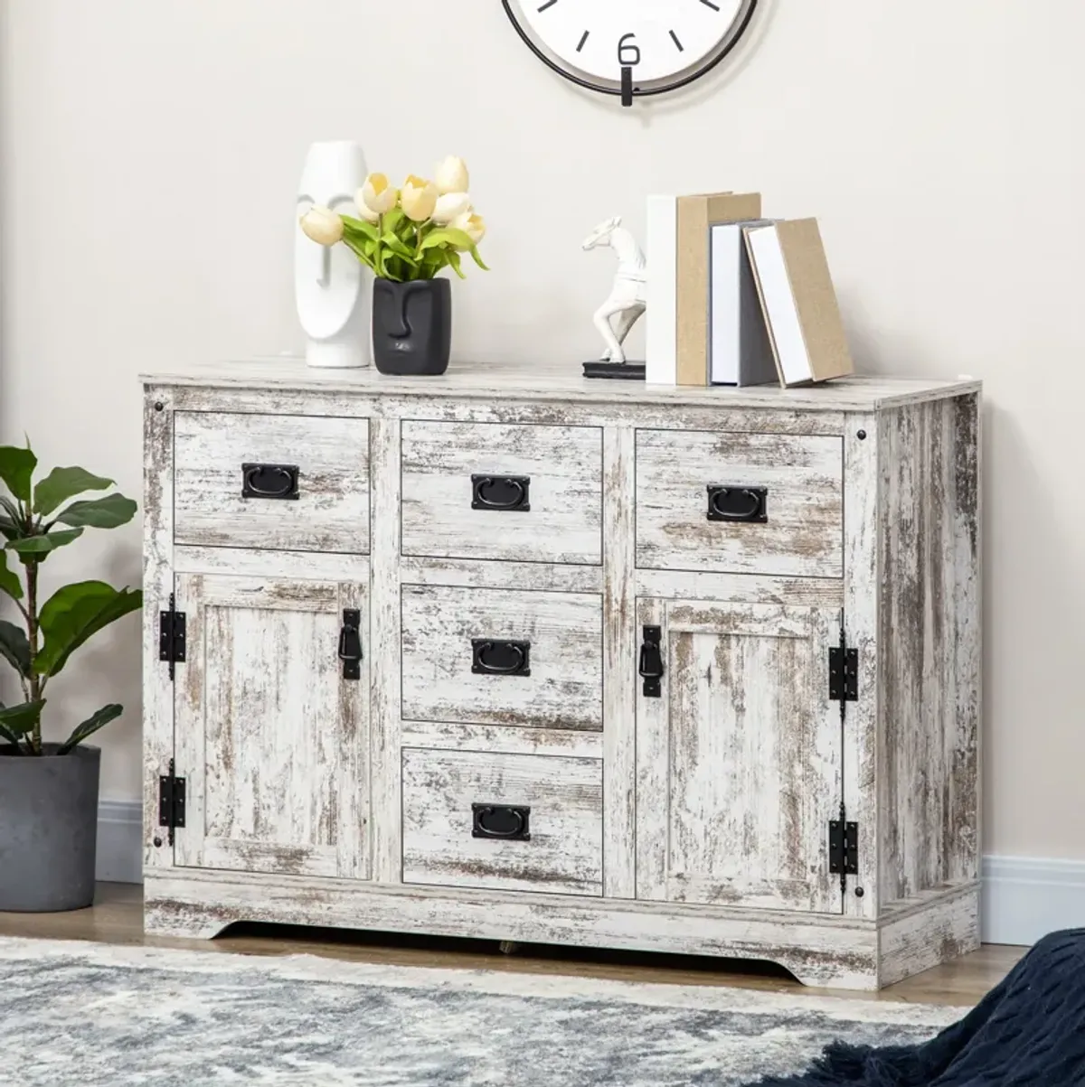 White Kitchen Buffet: Sideboard with 5 Drawers, 2 Doors & Adjustable Shelf