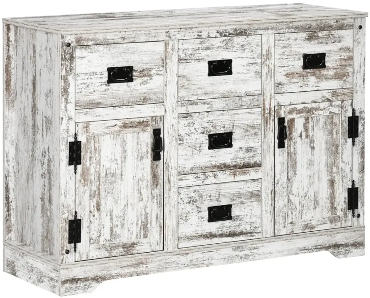 White Kitchen Buffet: Sideboard with 5 Drawers, 2 Doors & Adjustable Shelf