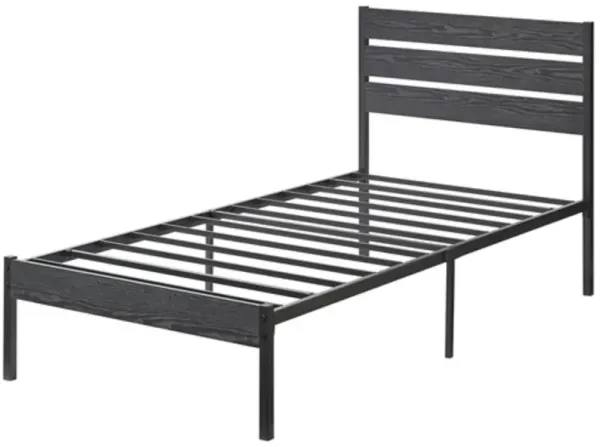 Hivvago Twin size Industrial Platform Bed Frame with Wood Slatted Headboard in Black