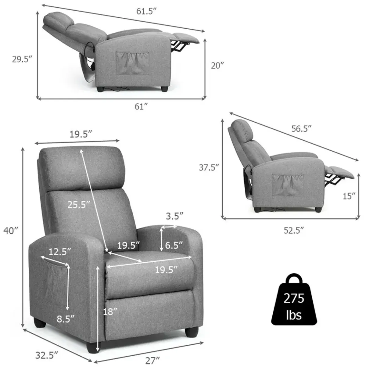 Recliner Sofa Wingback Chair with Massage Function