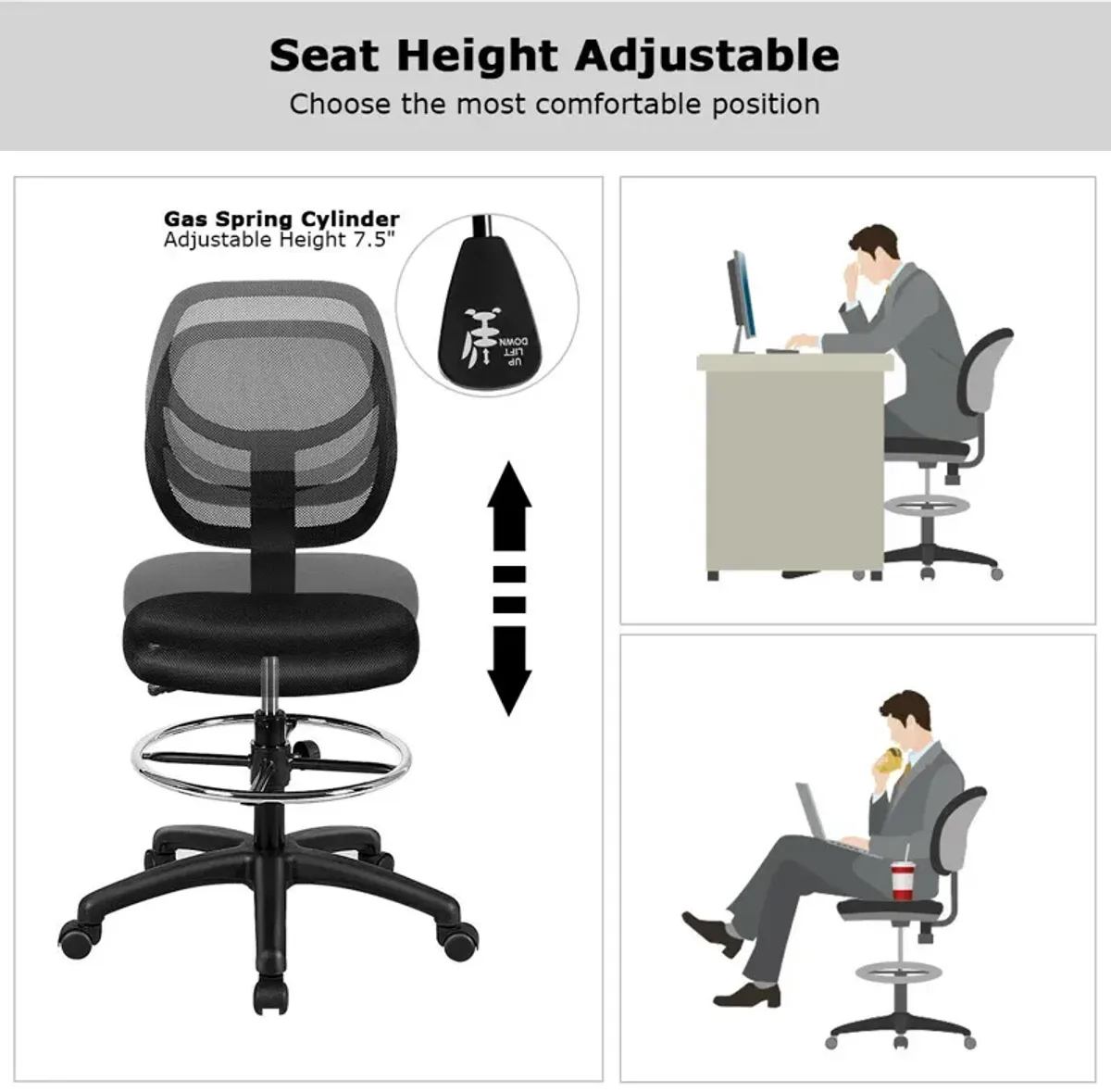 Adjustable Height Mid Back Mesh Drafting Office Chair