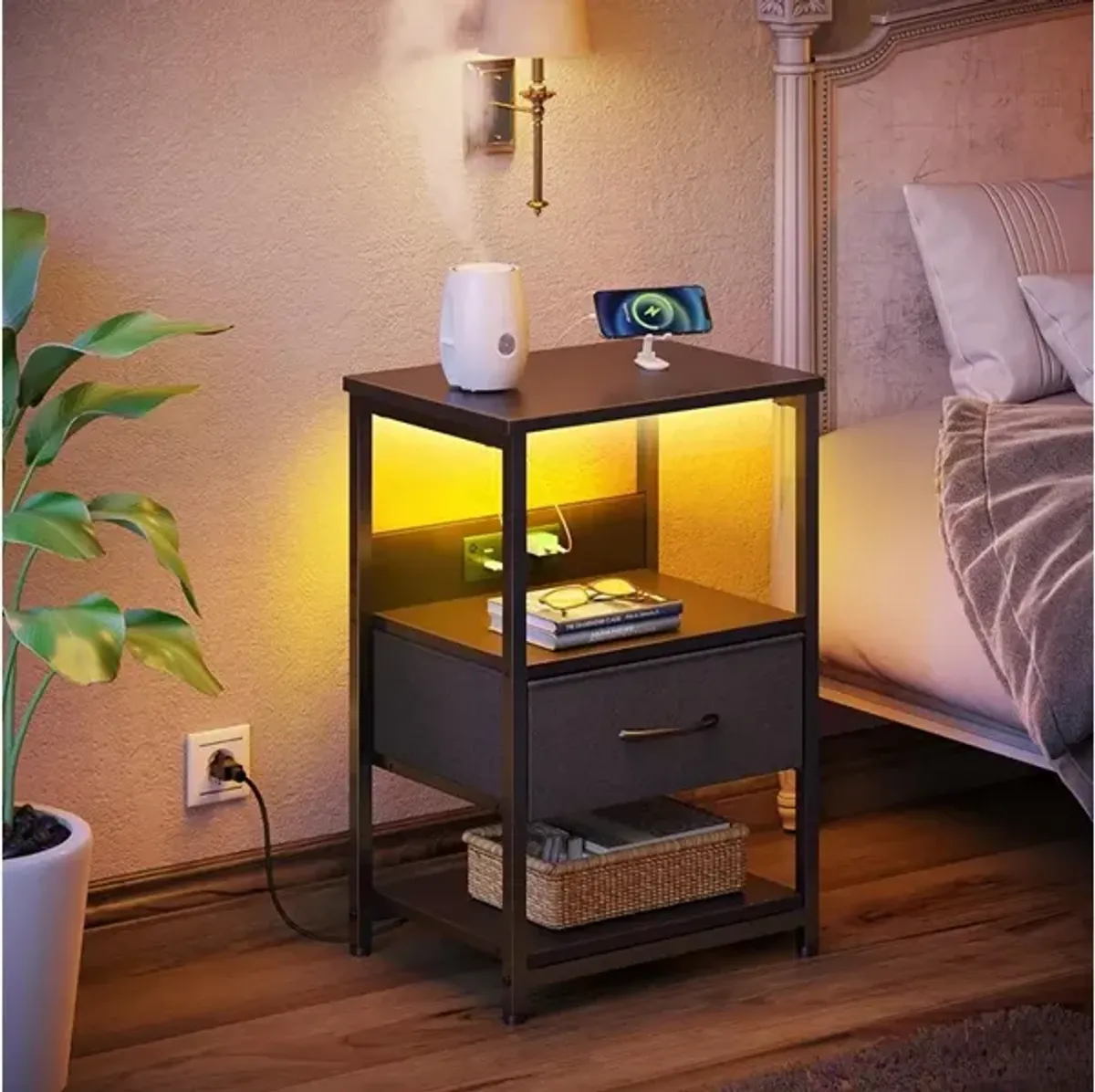 Seventable LED Bedside Tables with Charging Station and Fabric Drawer  Set of 2