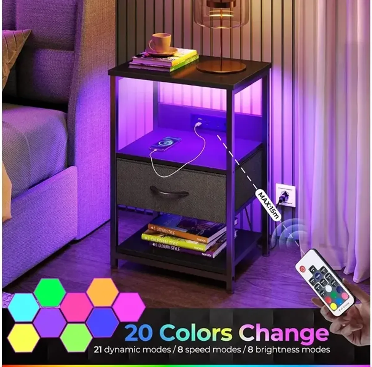 Seventable LED Bedside Tables with Charging Station and Fabric Drawer  Set of 2