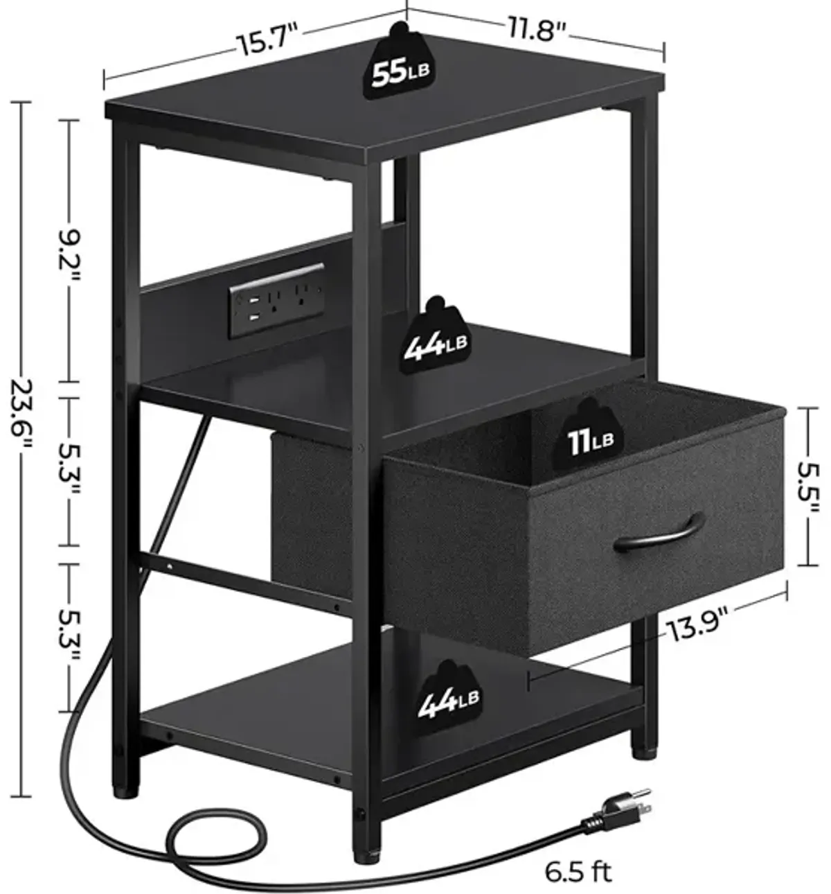 Seventable LED Bedside Tables with Charging Station and Fabric Drawer  Set of 2