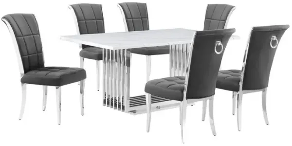 7pc Small(68") marble top dining set with silver base and 6 Dark grey chairs