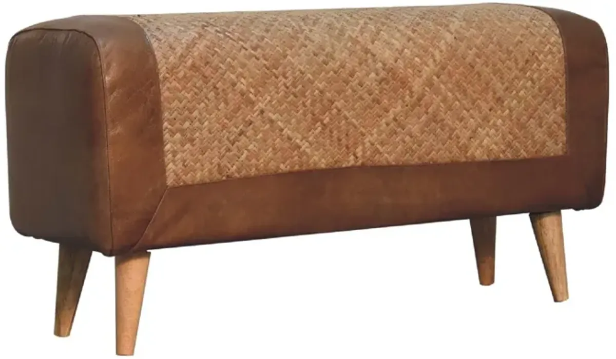 Artisan Furniture Large Seagrass Buffalo Leather Solid Wood Hide Nordic Bench