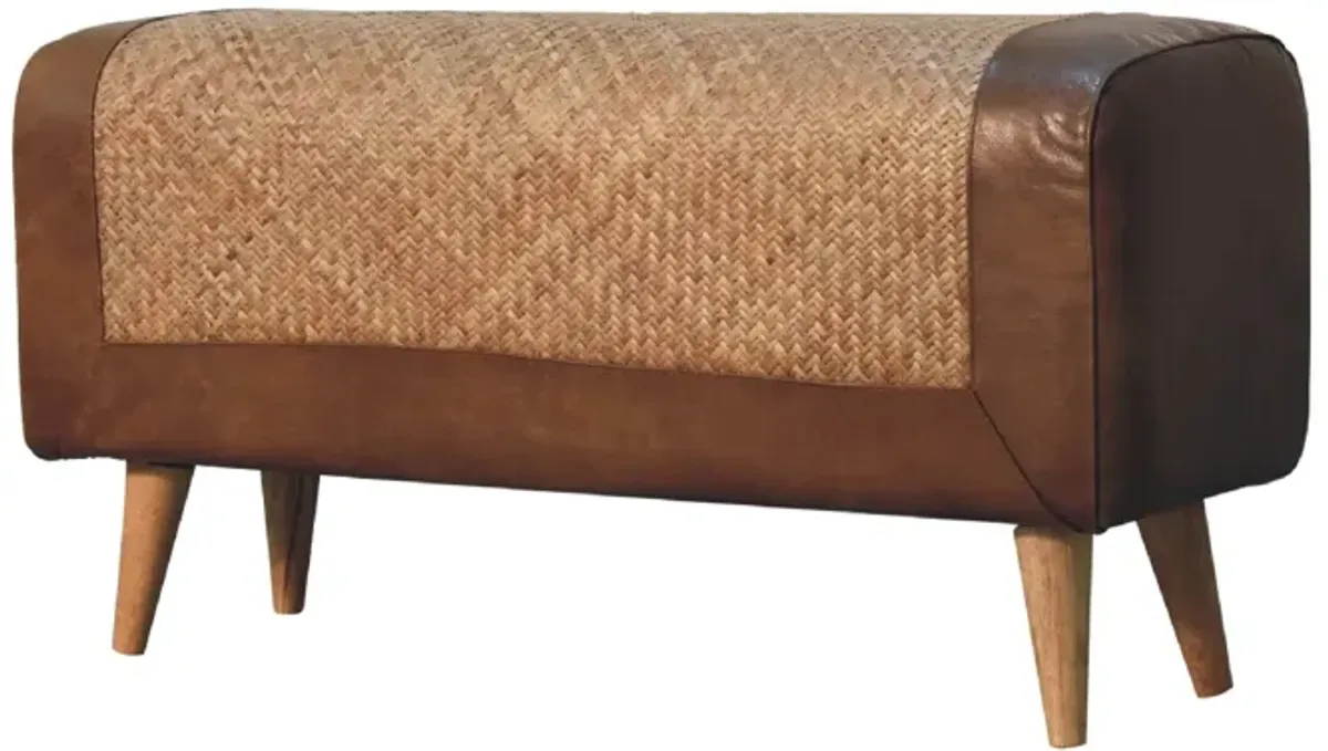 Artisan Furniture Large Seagrass Buffalo Leather Solid Wood Hide Nordic Bench