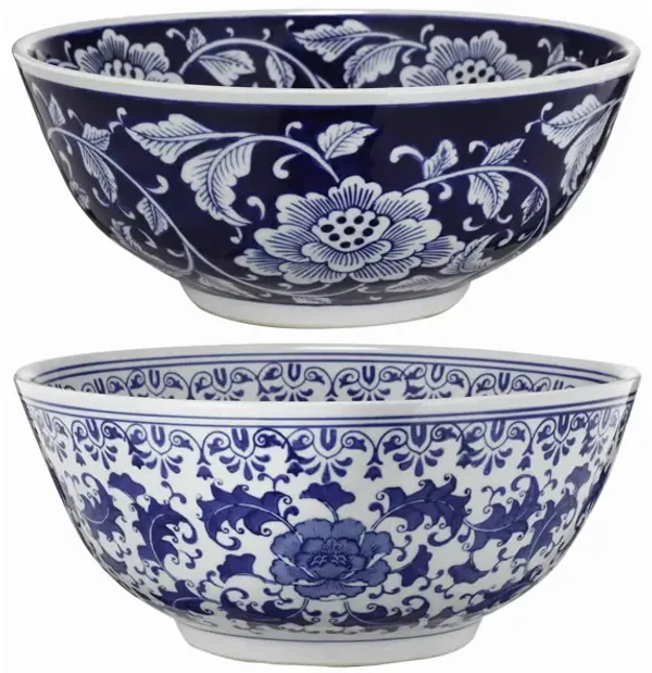 Round Ceramic Bowl with Floral Print, Set of 2, Blue And White, - Benzara