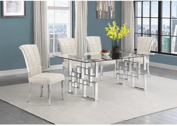 5-piece glam dining set with 4 cream chairs and a 79" long glass  table