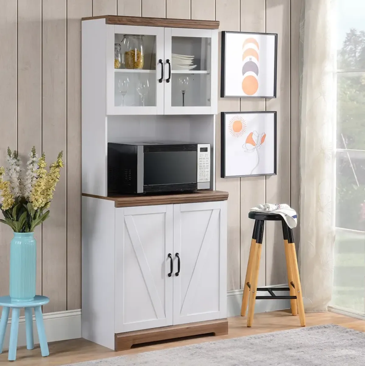 White Kitchen Storage: 70" Farmhouse Buffet with Hutch & Glass Doors