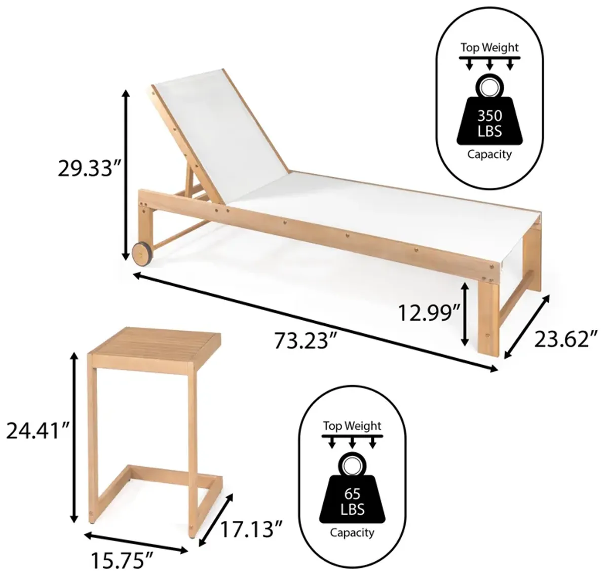 Trabuco Coastal Modern Acacia Wood Mesh 3-Position Outdoor Chaise Lounge Set with Side Table