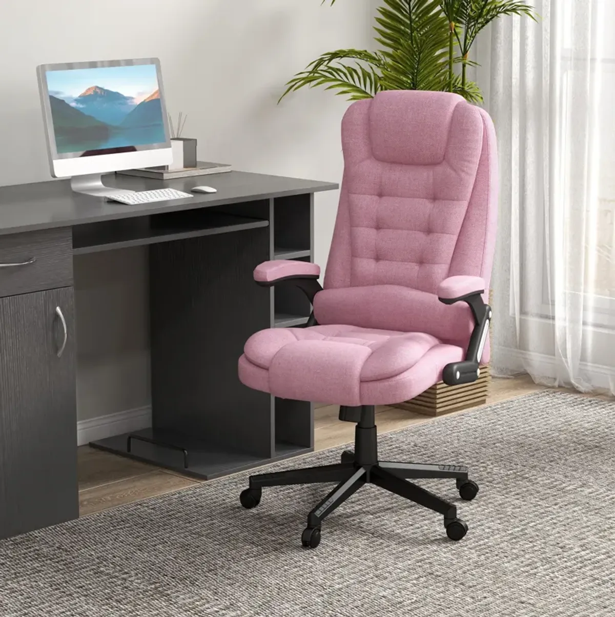 Pink Linen Massage Office Chair: Heated, Reclining, Remote