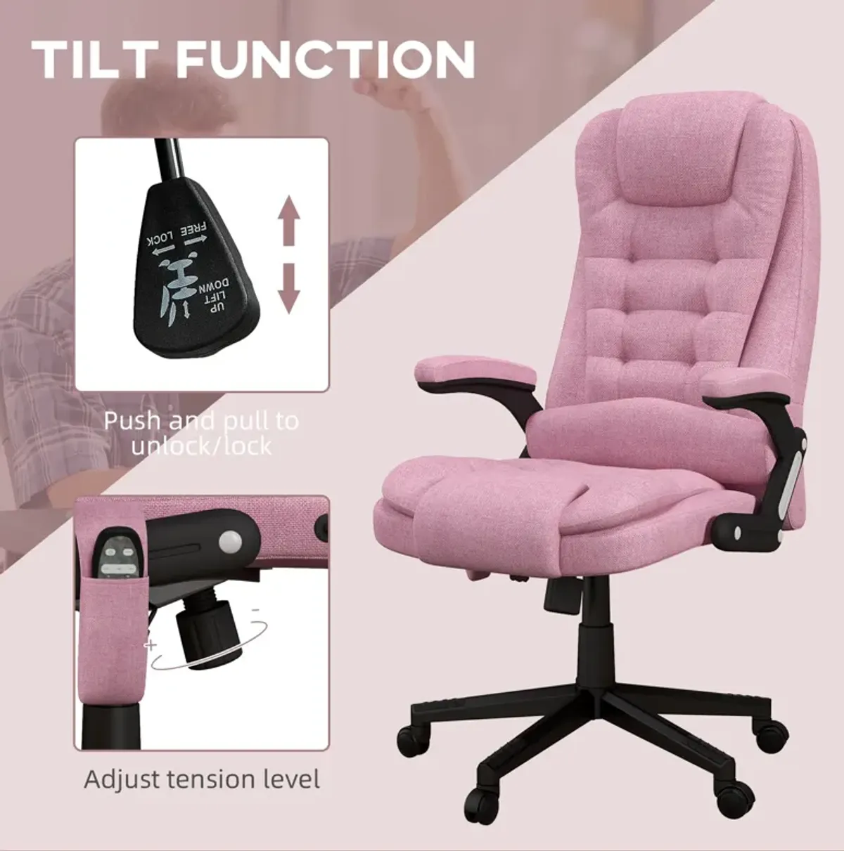 Pink Linen Massage Office Chair: Heated, Reclining, Remote