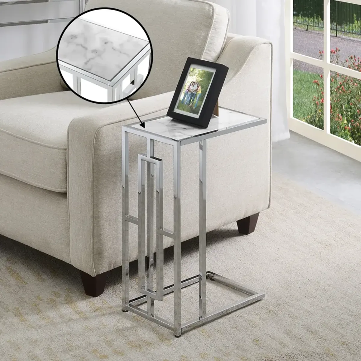 Convenience Concepts Town Square Faux C End Table, (L) 15.75 in. x (W) 10 in. x (H) 24 in, White Marble/Chrome