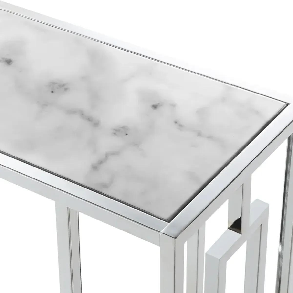 Convenience Concepts Town Square Faux C End Table, (L) 15.75 in. x (W) 10 in. x (H) 24 in, White Marble/Chrome