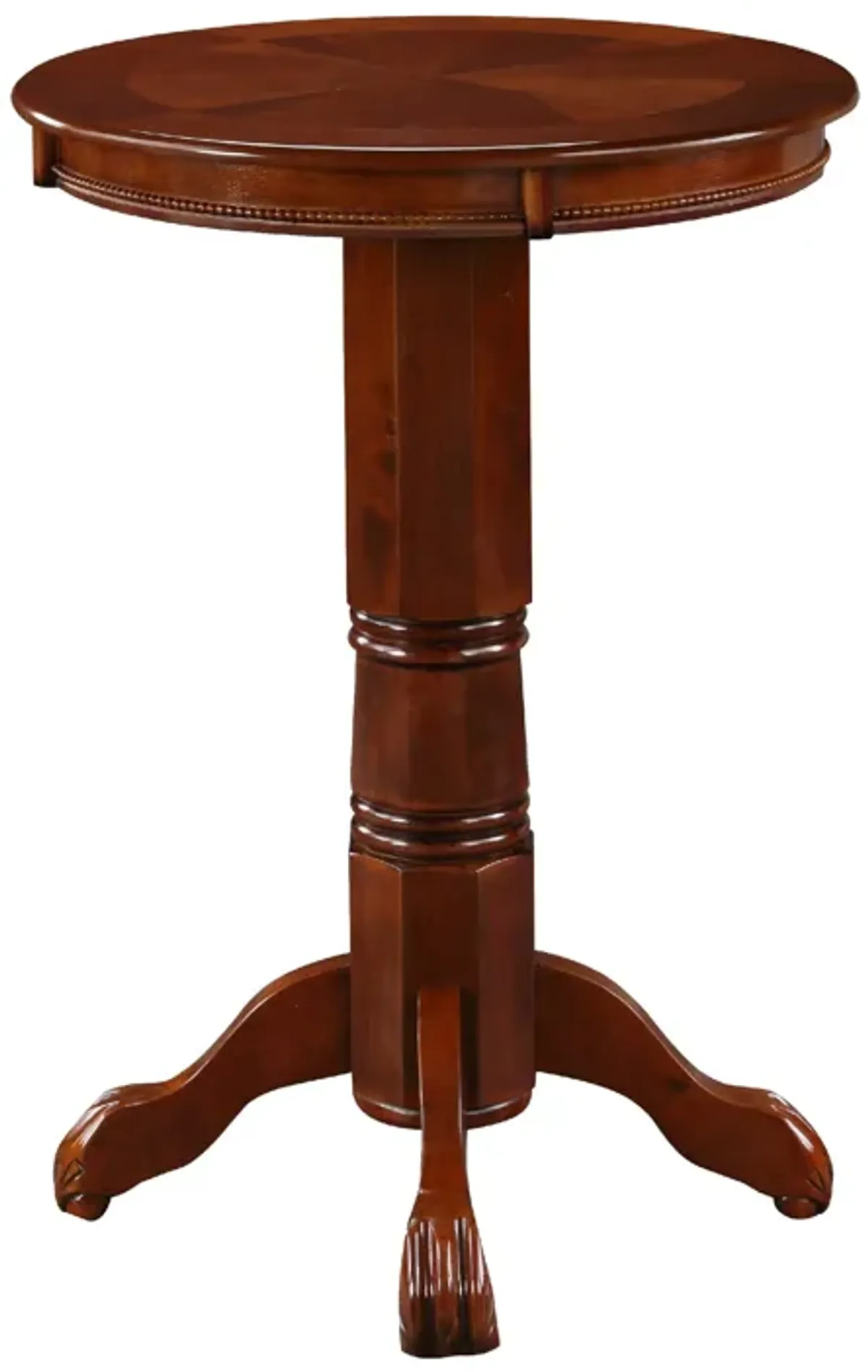 Ava 42 Inch Wood Pub Bar Table, Sunburst Design, Carved Pedestal, Dark Brown-Benzara