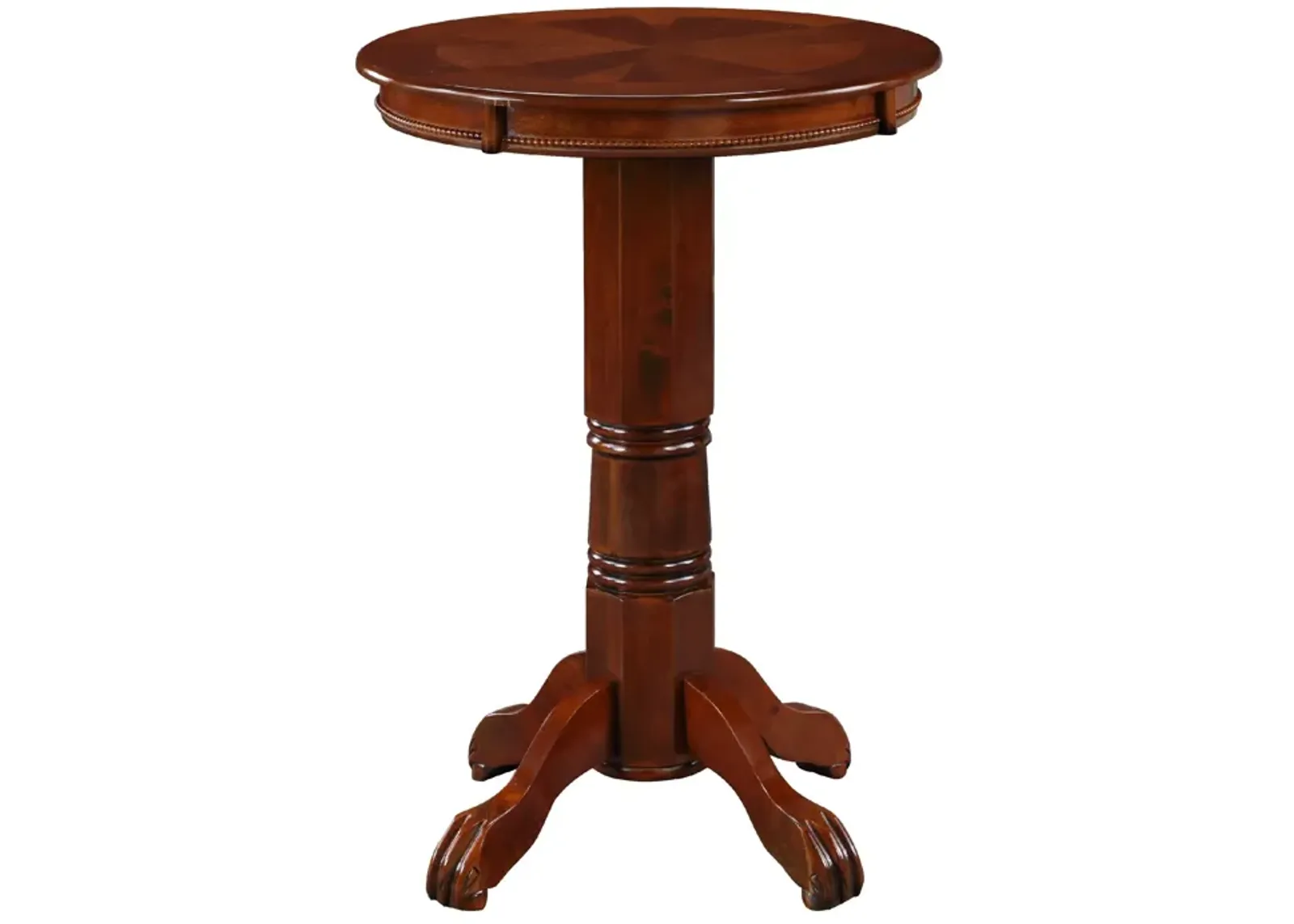 Ava 42 Inch Wood Pub Bar Table, Sunburst Design, Carved Pedestal, Dark Brown-Benzara