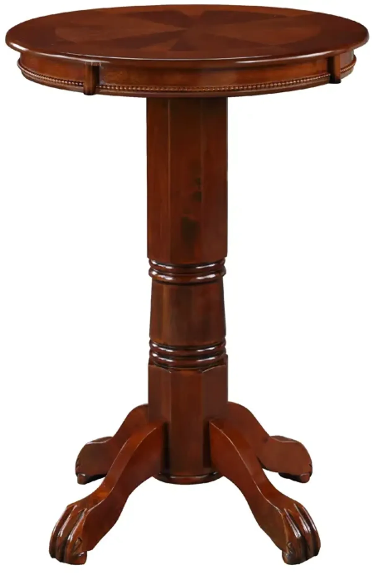 Ava 42 Inch Wood Pub Bar Table, Sunburst Design, Carved Pedestal, Dark Brown-Benzara