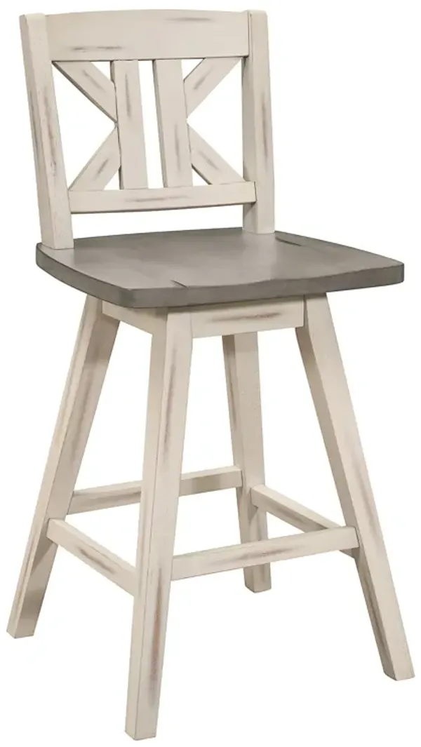 Ati 29 Inch Bar Height Stool Swivel Chairs Set of 2, Divided X Back, Gray, White - Benzara