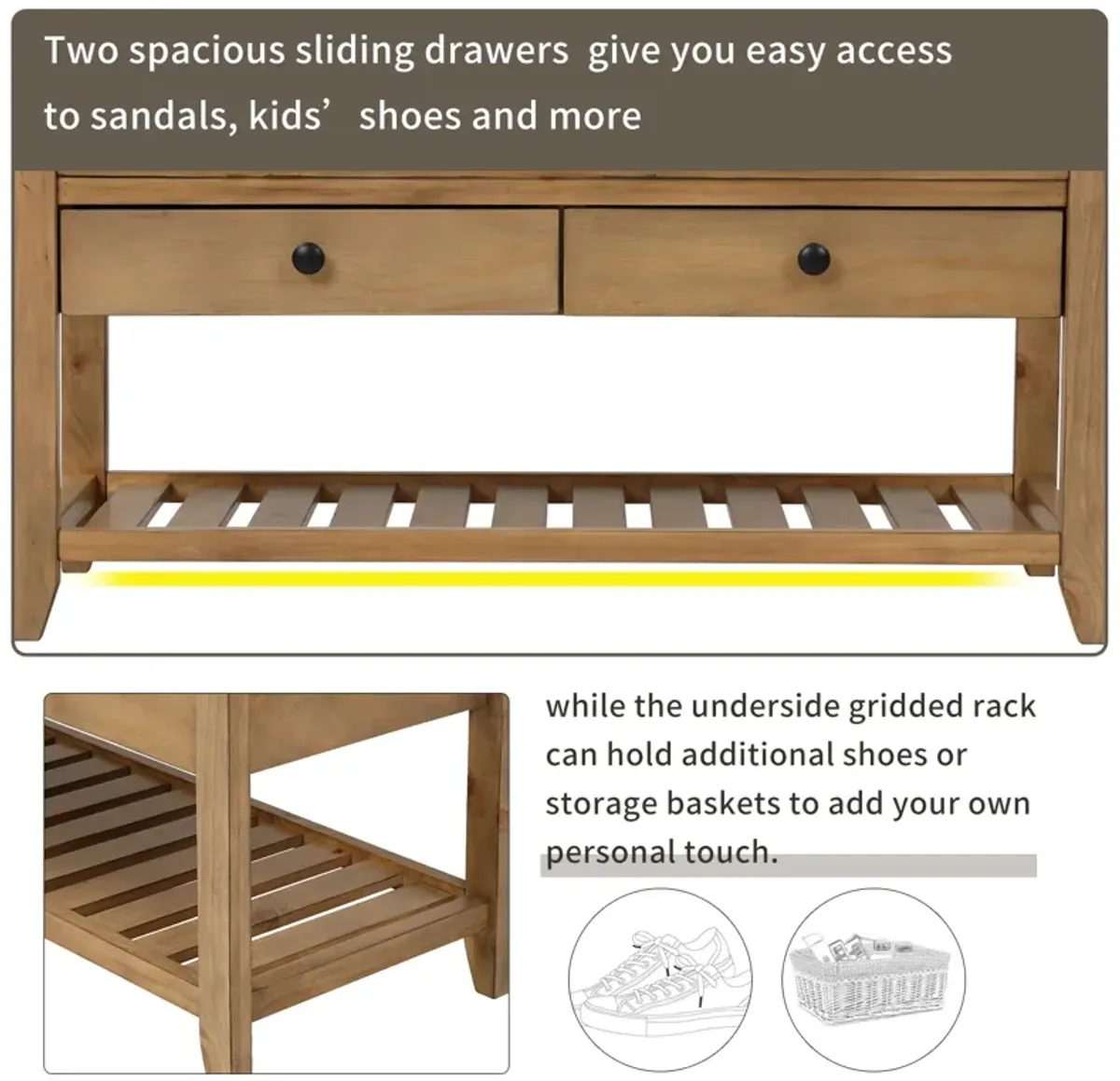 Shoe Rack With Cushioned Seat And Drawers, Multipurpose Entryway Storage Bench