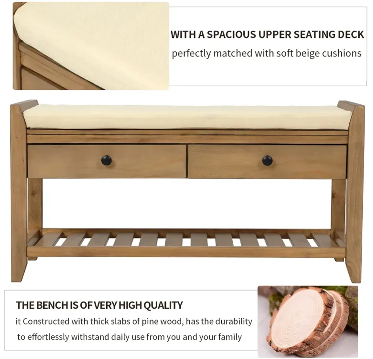 Shoe Rack With Cushioned Seat And Drawers, Multipurpose Entryway Storage Bench