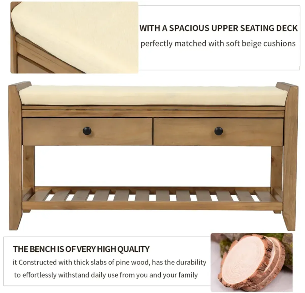 Shoe Rack With Cushioned Seat And Drawers, Multipurpose Entryway Storage Bench