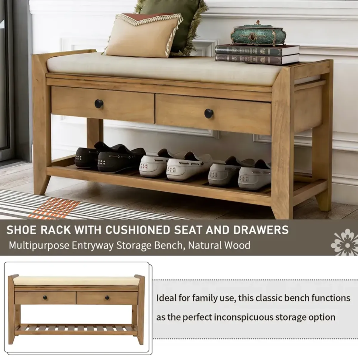 Shoe Rack With Cushioned Seat And Drawers, Multipurpose Entryway Storage Bench