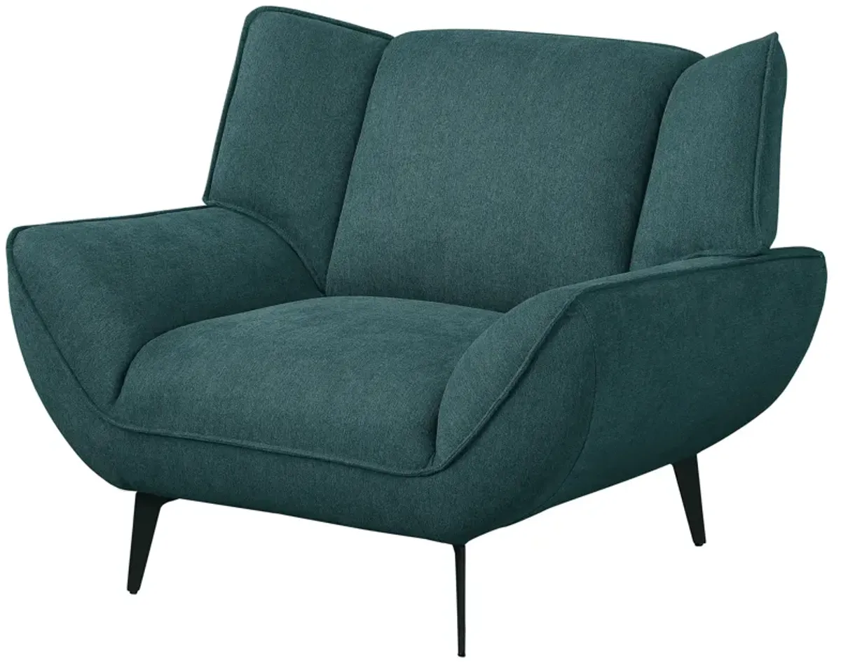 Toer 43 Inch Accent Sofa Chair, Flared Arms, Teal Blue Fabric, Black Metal - Benzara