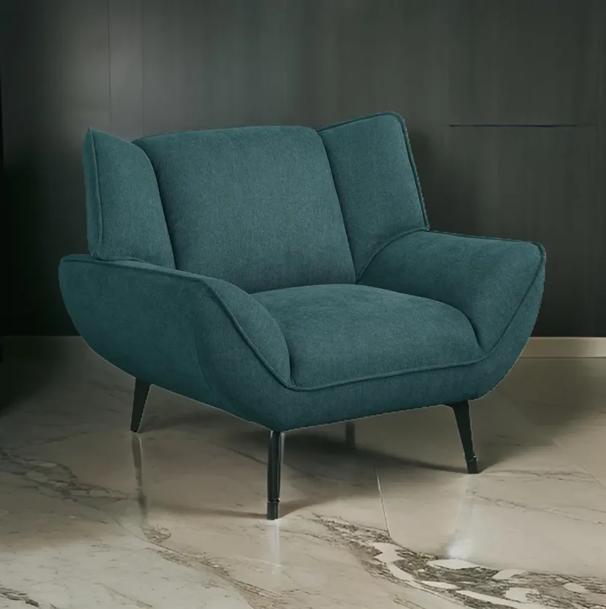 Toer 43 Inch Accent Sofa Chair, Flared Arms, Teal Blue Fabric, Black Metal - Benzara