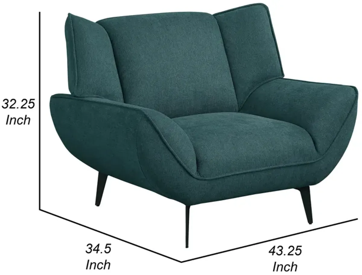 Toer 43 Inch Accent Sofa Chair, Flared Arms, Teal Blue Fabric, Black Metal - Benzara