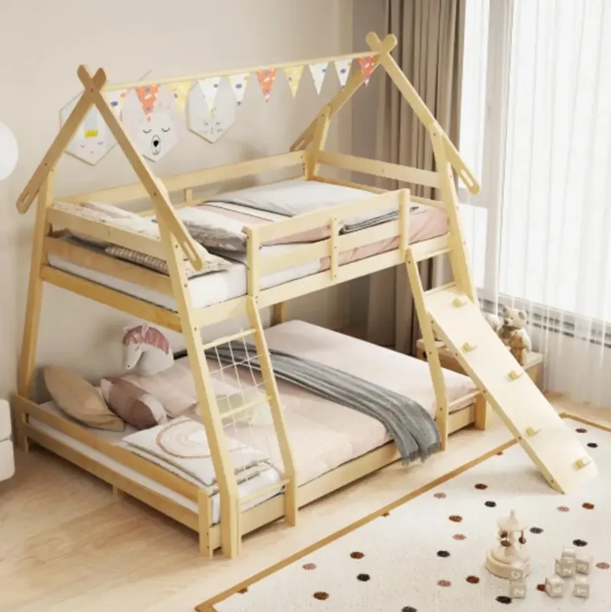 Twin Over Queen Bunk Bed Wooden Kids Bed with Climbing Nets and Ramp