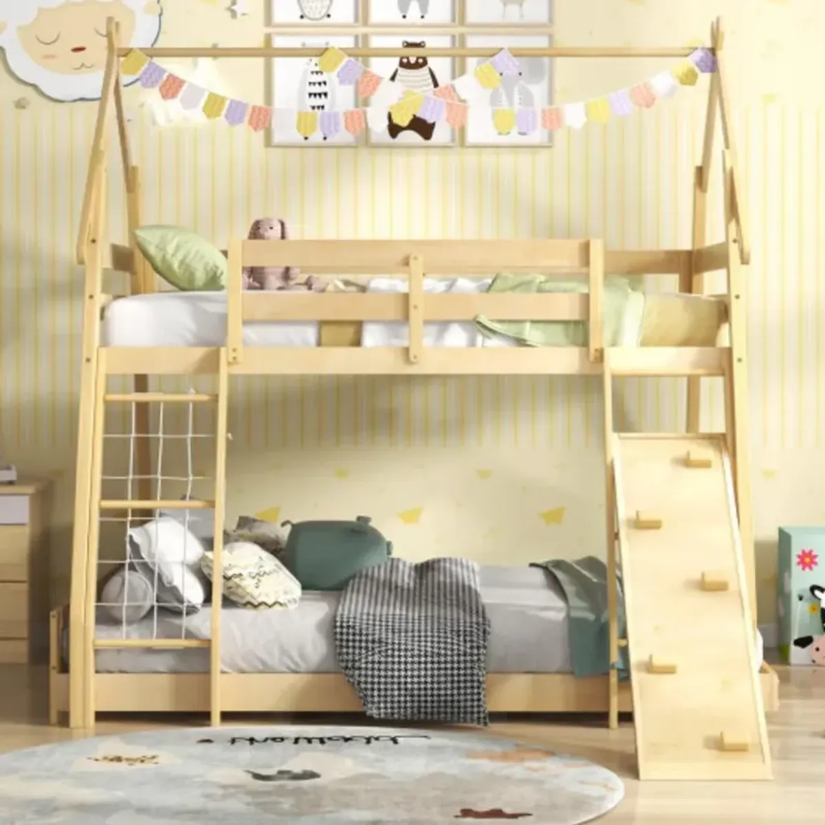 Twin Over Queen Bunk Bed Wooden Kids Bed with Climbing Nets and Ramp