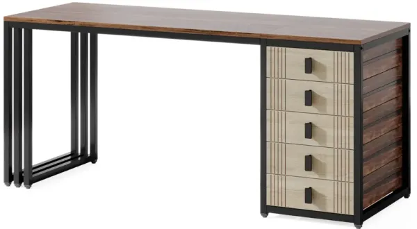 55" Computer Desk With 5 Drawers, Home Office Desk With Reversible Drawer, Industrial Study Work Writing Desk With Storage, Simple Wood Laptop Desk For Small Space