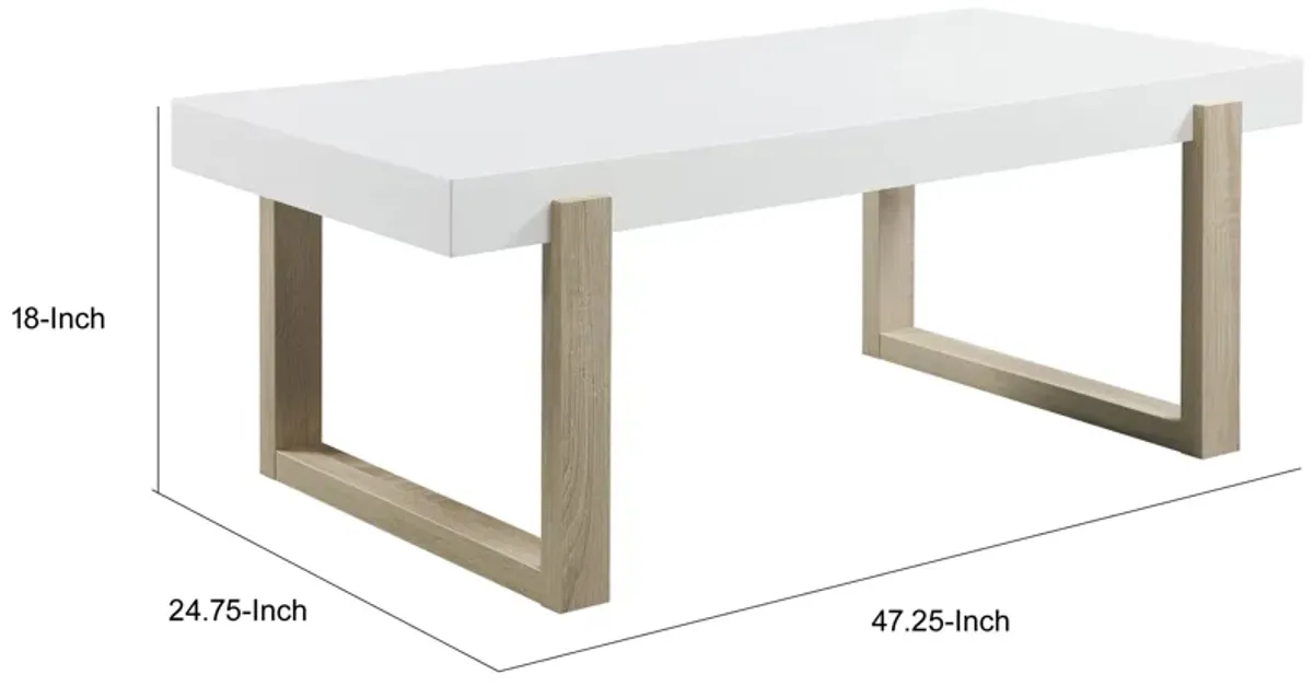 Shay 47 Inch Coffee Table, Thick Rectangular Tabletop, High Gloss White-Benzara