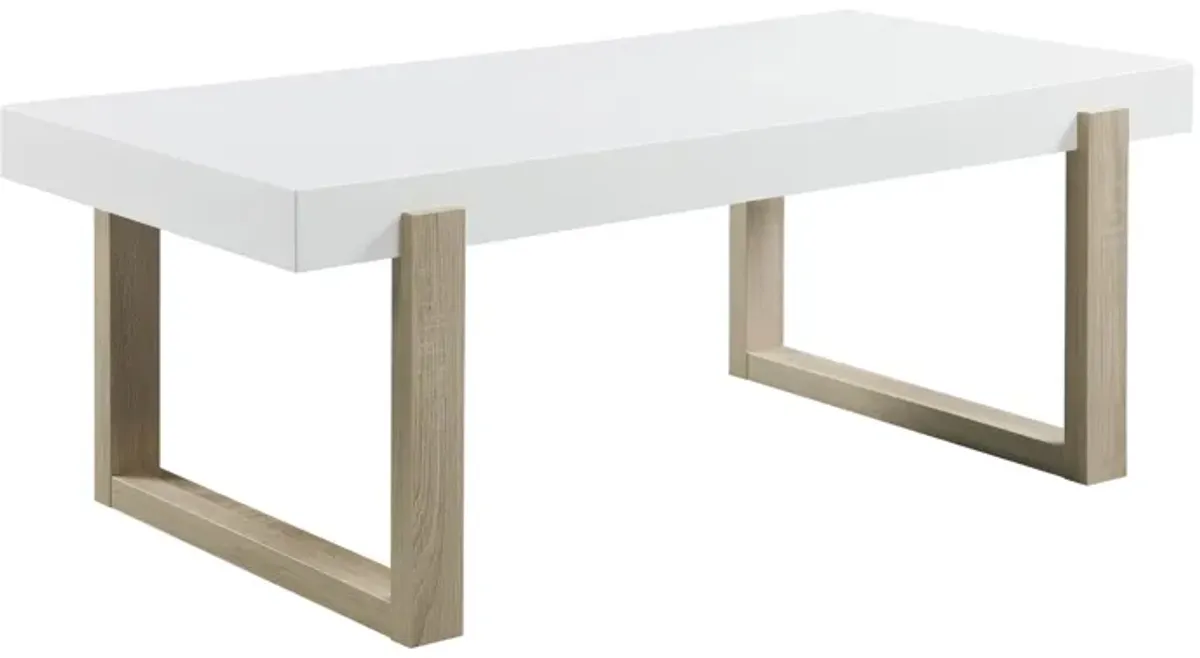 Shay 47 Inch Coffee Table, Thick Rectangular Tabletop, High Gloss White-Benzara