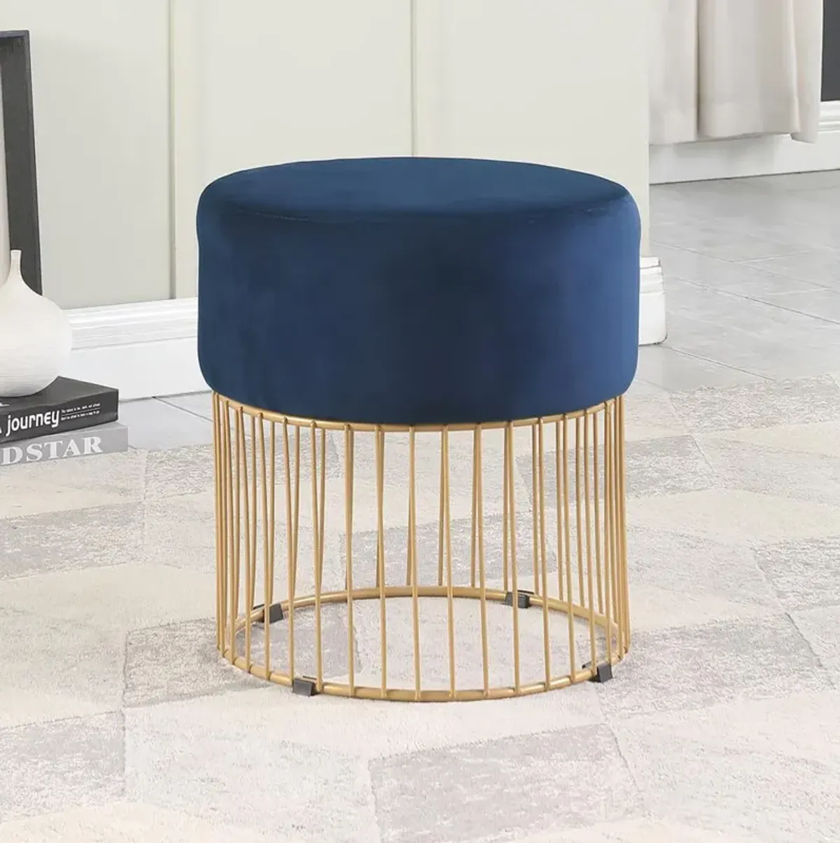 Jerold Blue Velvet with Gold Base Ottoman