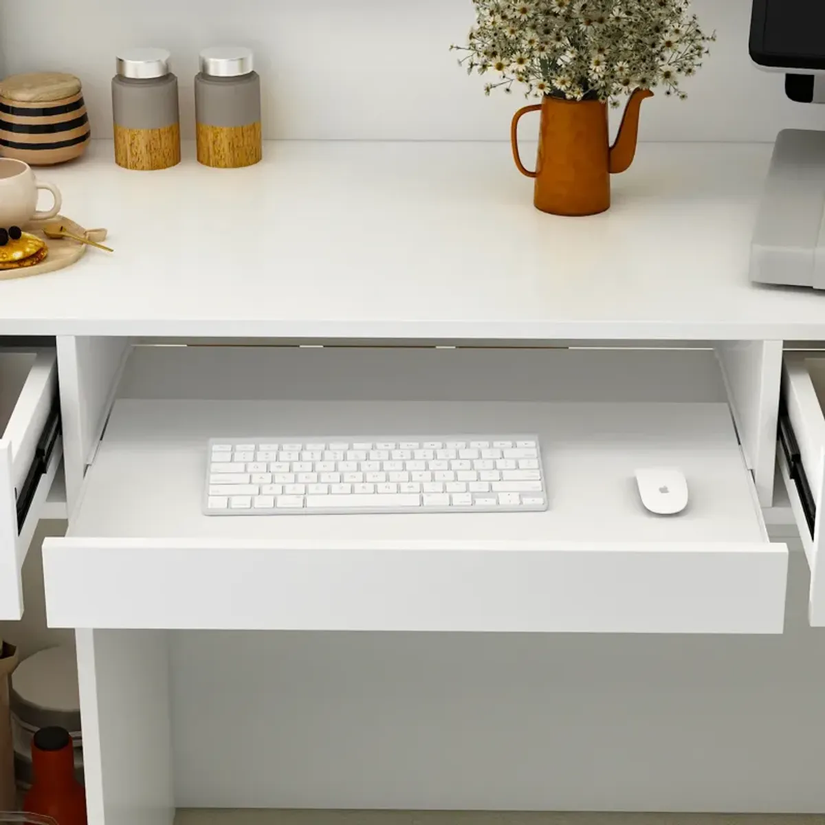 47.2" W : Wooden Computer Desk White Finish with 2-Drawer, Keyboard Tray and Eco-Friendly Paint Finish