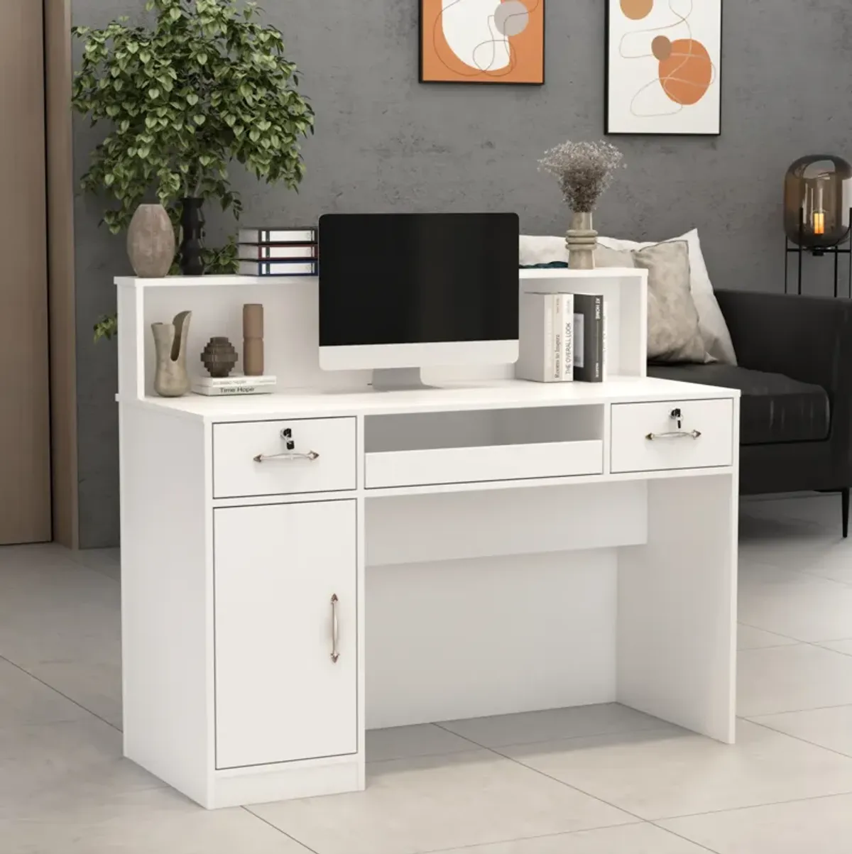 47.2" W : Wooden Computer Desk White Finish with 2-Drawer, Keyboard Tray and Eco-Friendly Paint Finish