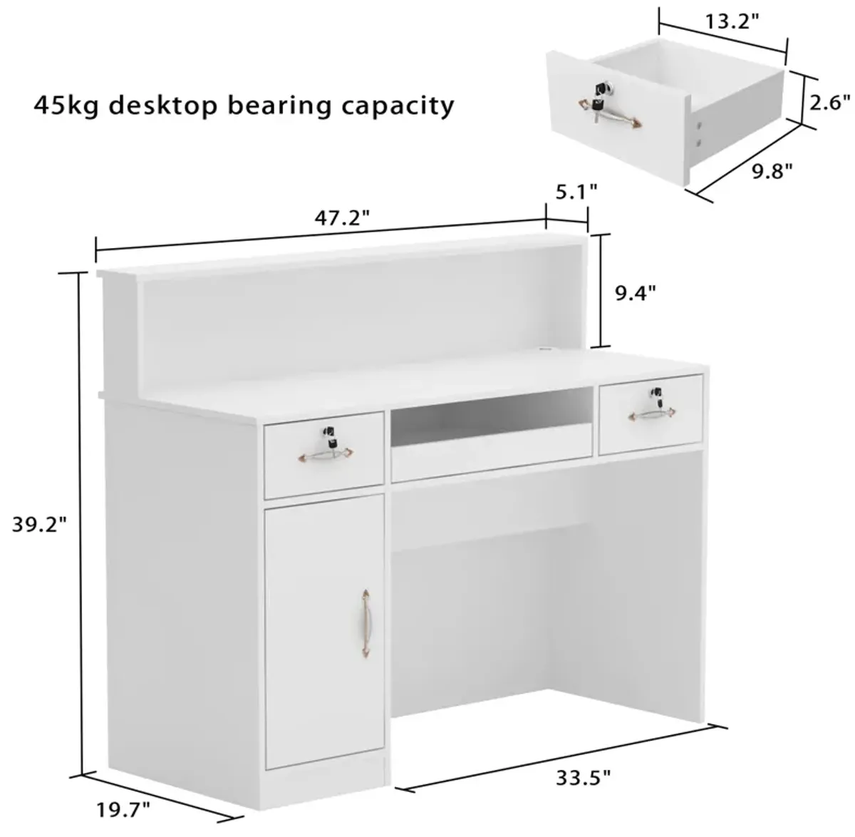 47.2" W : Wooden Computer Desk White Finish with 2-Drawer, Keyboard Tray and Eco-Friendly Paint Finish