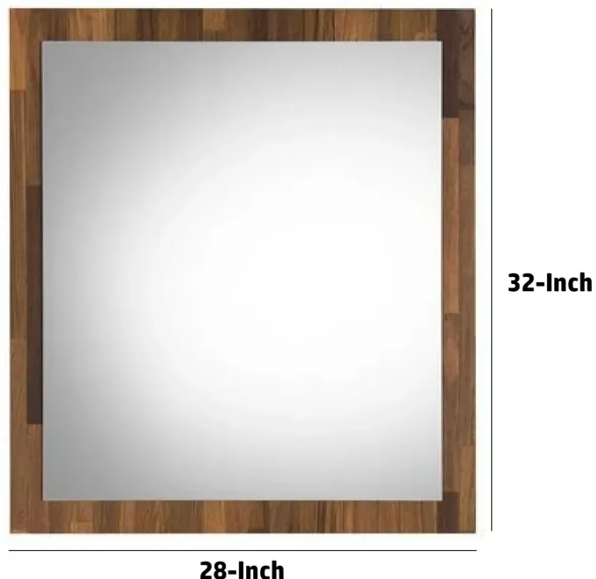 32 Inch Wall Mirror, Rectangular Portrait Plank Wood Frame, Walnut Brown-Benzara