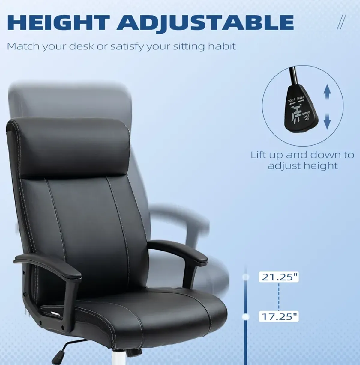 Black Office Seating: PU Leather Desk Chair with 360° Swivel & Adjustable Height