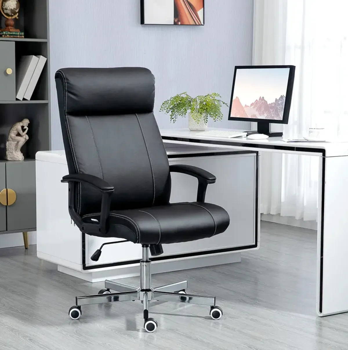 Black Office Seating: PU Leather Desk Chair with 360° Swivel & Adjustable Height